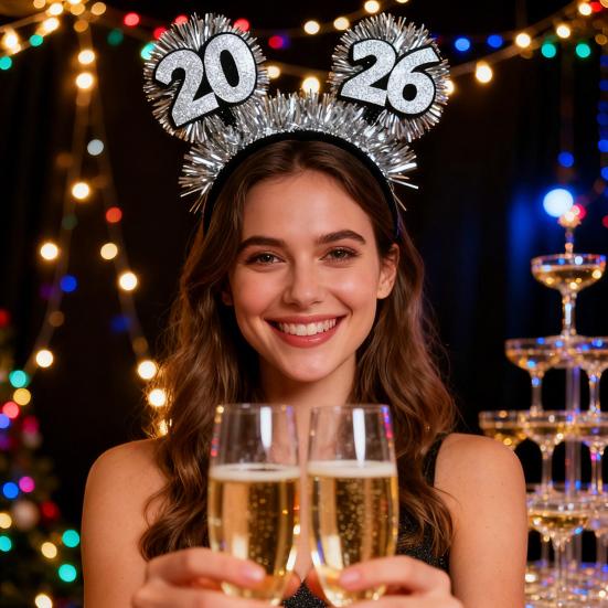 2026 New Year Headband with "Happy New Year" Letters Glitter Tinsel Hairband with Wine Glass Hat Party Headwear for Countdown Celebration
