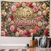 Happy Birthday Wall Tapestry, Pink Red Cream Roses Flower Wreath Golden Glitter Letters Balloons Tapestry for Birthday Party Photo Backdrop Decor