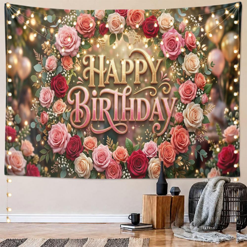Happy Birthday Wall Tapestry, Pink Red Cream Roses Flower Wreath Golden Glitter Letters Balloons Tapestry for Birthday Party Photo Backdrop Decor