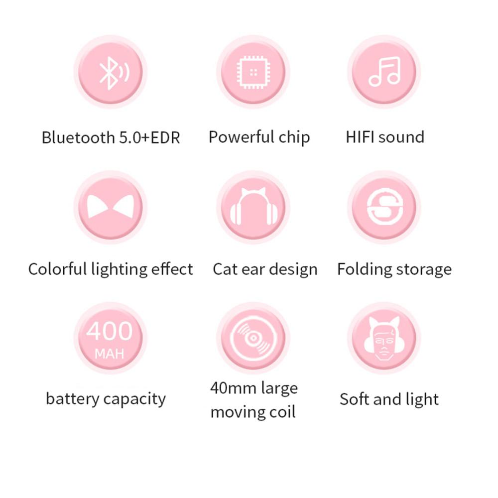 Cute Cat Ear Headphones Bluetooth 5.0 Wireless Game Headset Bass Noise Cancelling Stereo HiFi Music Support TF Card Casco Mic Girl Gift Pink