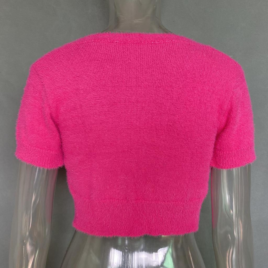 Хлопковые кардиганы из мохера, топы для женщин, с короткими рукавами и цепочкой с буквами, элегантный топ, трикотаж, однотонный, S-XL