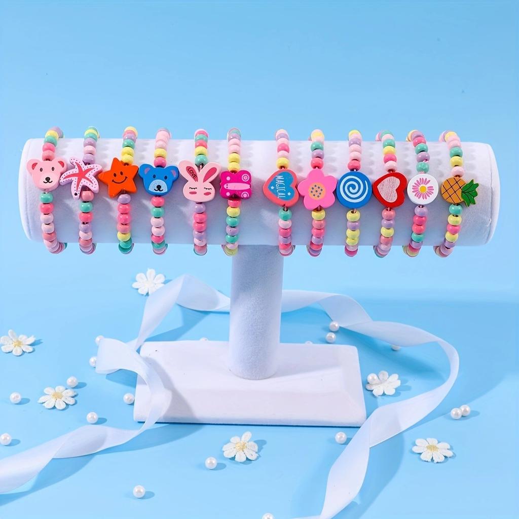 12pcs Cartoon Wooden Beads Bracelet for Kids Girl Birthday Party Favors Baby Shower Jewelry Gift Kindergarten Prizes Treat Bag