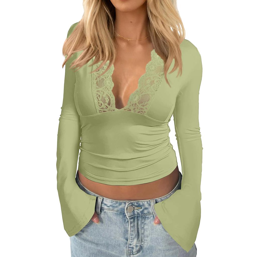 Женский однотонный топ с длинным рукавом, облегающего кроя, с V-образным вырезом, с кружевной отделкой в стиле пэчворк