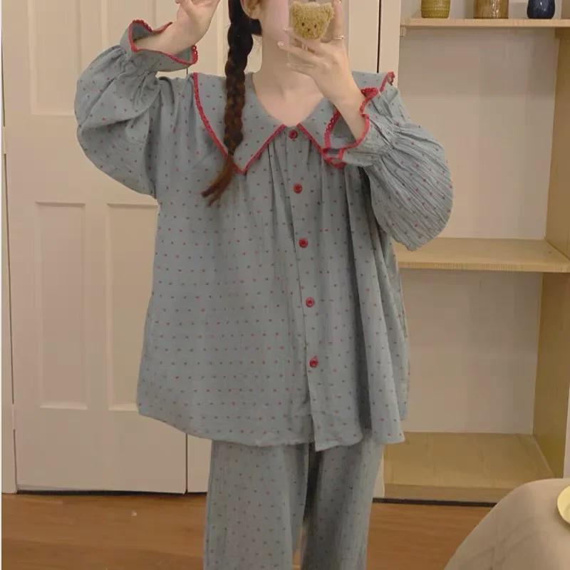 Пижамный комплект из мягкого хлопка для женщин Yunduo - длинный рукав и брюки, свободный крой, можно носить на улице