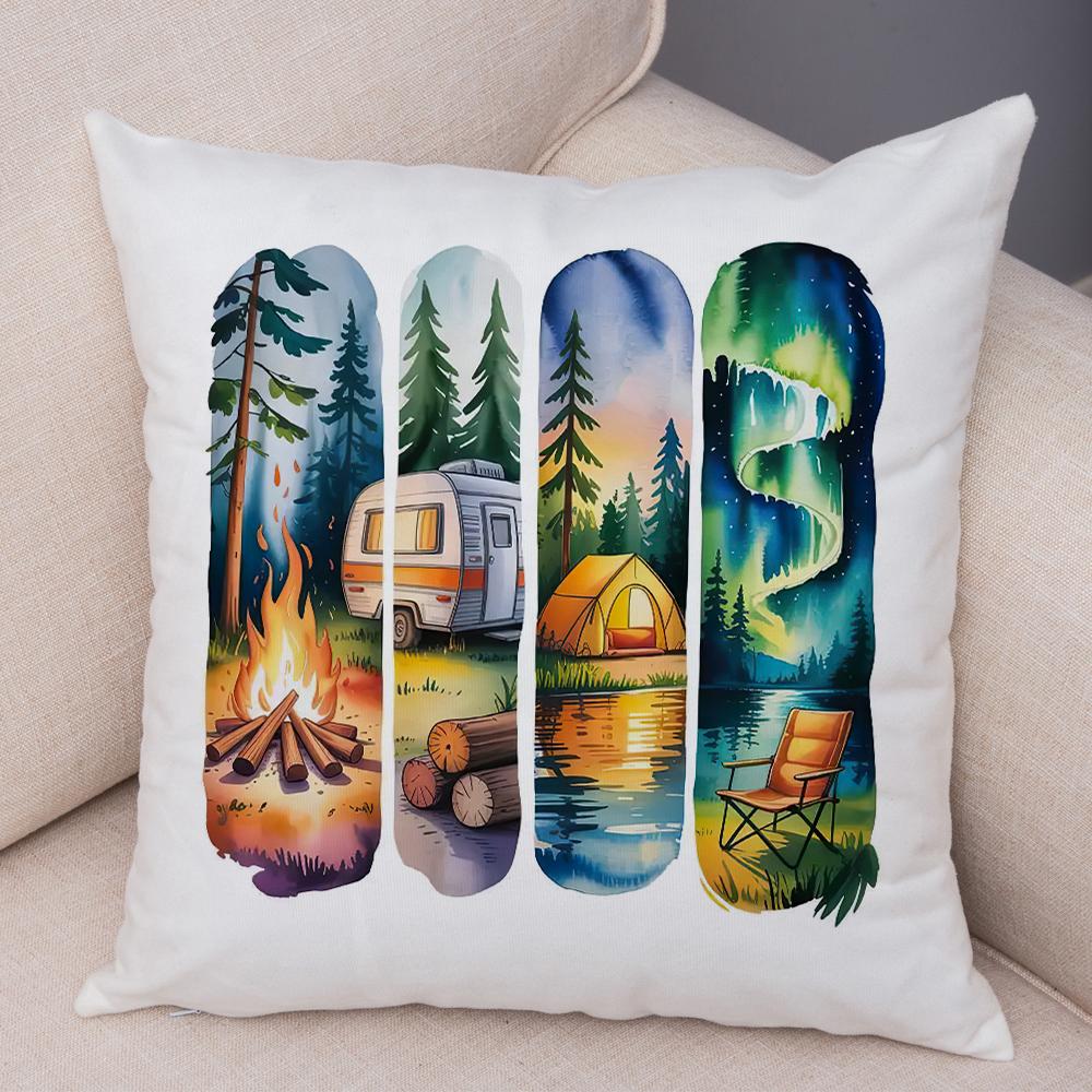 Woodland Campsite Cushion Cover Double Print Bonfire Scene Pillowcase Soft Plush Lake Sunset Cushion Cover for Sofa Home Car