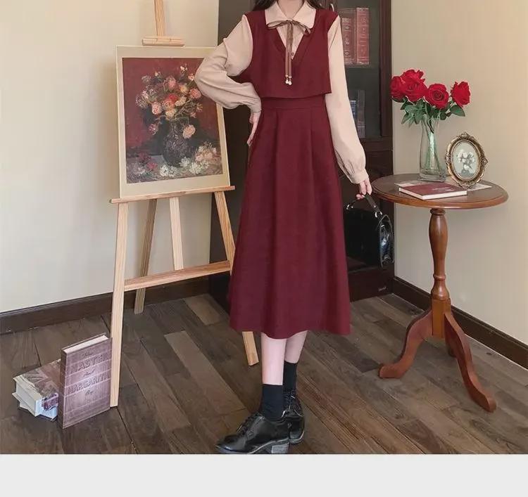 Платье большого размера с высокой талией, многослойное, из двух частей, с эффектом осеннего корейского стиля в колледже
