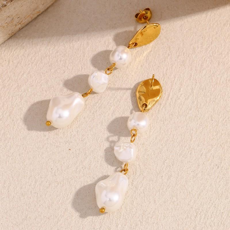 Irregular French Style Earrings Women Stainless Steel 18K Gold Plated With 3 Imitation Pearl Drop Studs