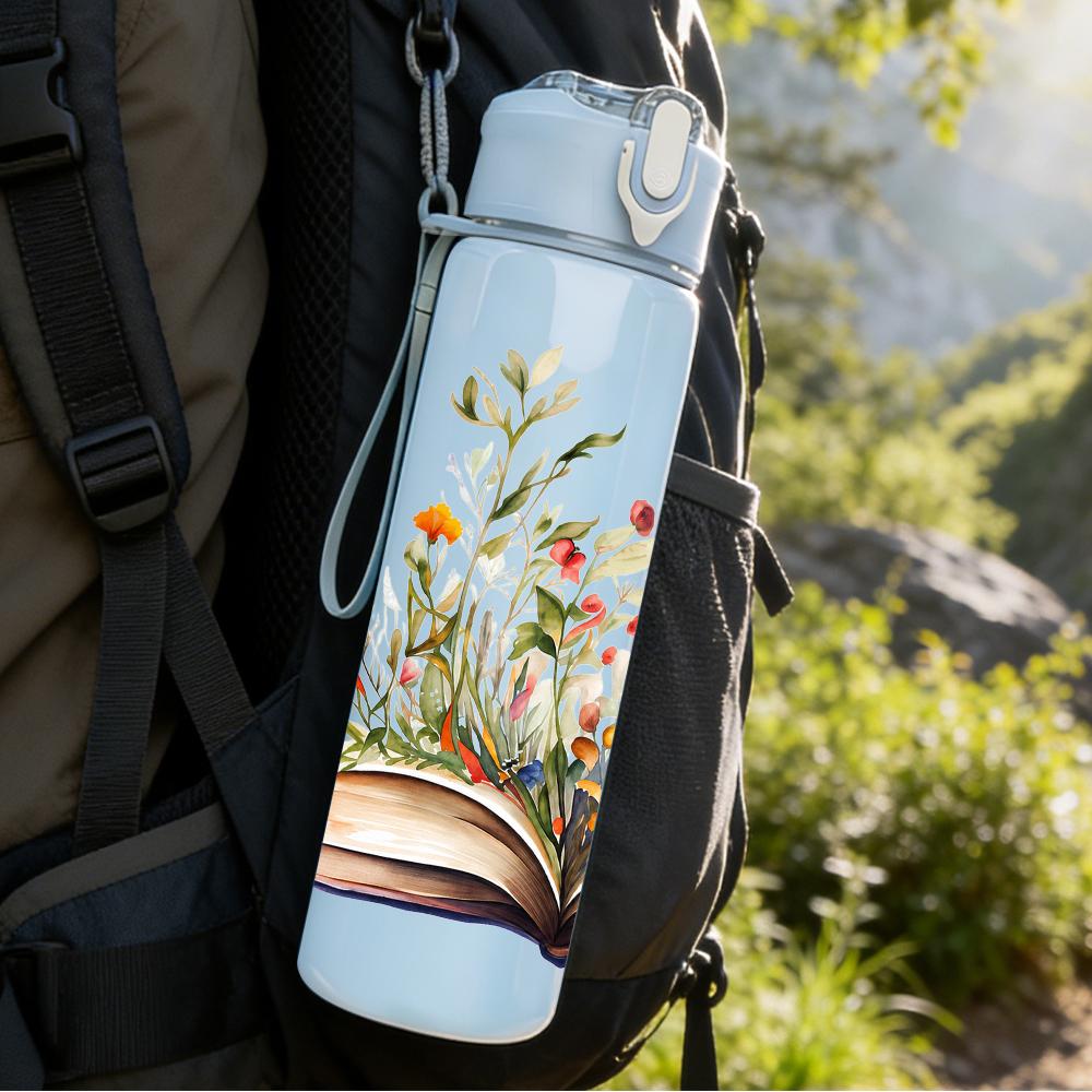 1PC Open Book Wildflower Bouquet 750ml Color Plastic Sports Water Bottle Leakproof Flip Straw Lid Suitable for Sports Office Home Use