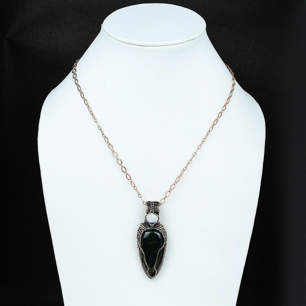 Подвеска из меди с драгоценным камнем-кровавым камнем, обернутая медной проволокой, ювелирное изделие ручной работы, подвеска из проволоки с радужным лунным камнем, подарок для нее, дизайнерские украшения