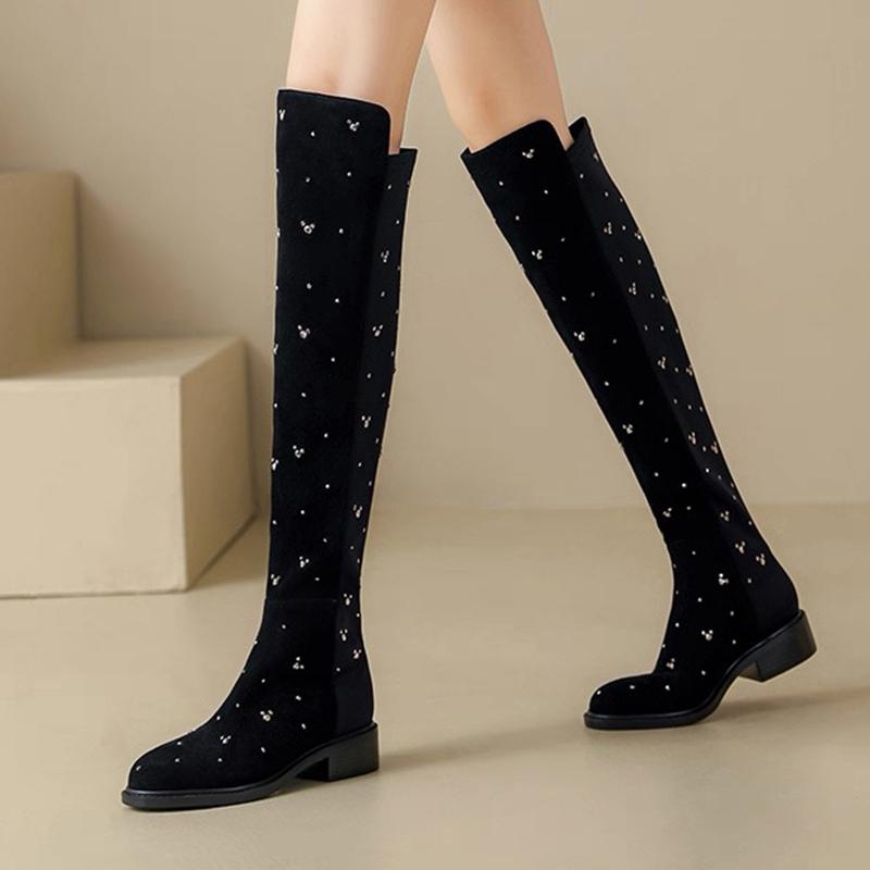 Хрустальные высокие сапоги для женщин Модные туфли на каблуке Зимние ботфорты челси 2025 Новые повседневные кроссовки для женщин