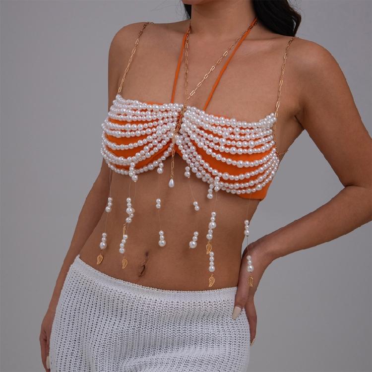Multipurpose Pearls Embellished Body Chain Bra Beachwear Jewelry Accessory for Fashionable Women Ladies Daily Use