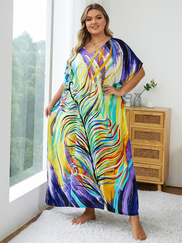 EDOLYNSA Plus Size Bohemian Women Caftan Kaftan House Robe Homewear Beach Dress Swimsuit Cover-up Light Jacket Vacation Long Dress Q1577