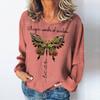 Vintage Letter Women's T-shirts Dragonfly Pattern Long Sleeves Tees Tops Fall/Winter Cotton Pullover Women Clothing Streetwear