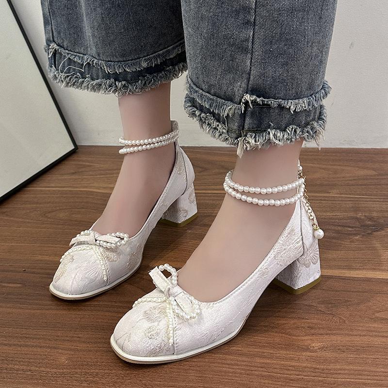 High Heels Women's 2025 New Chinese Bow Pearl Chain Square Head Light Mouth Thick Heel Versatile Mary Jane Shoes