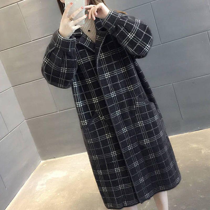 Korean-Style Plaid Knit Coat: Mid-Length Imitation Mink Velvet, Loose Fit, Early Winter Women's Fashion