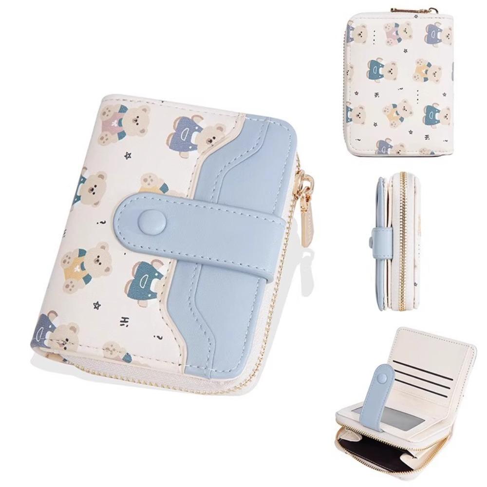 Cute PU Leather Short Wallet Cute Bear Design Multiple Card Slots Zippered Coin Pocket Snap Button Card Holder Girls