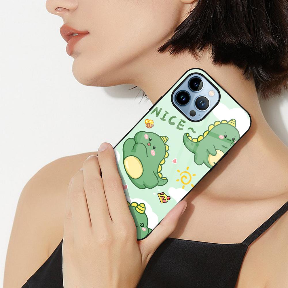 Cartoon Cute Dinosaur Case For Iphone 14 13 12 11pro Max Mini Xs Xr X Tempered Glass Cover For Iphone 7 8 6s Plus Se 2022 11