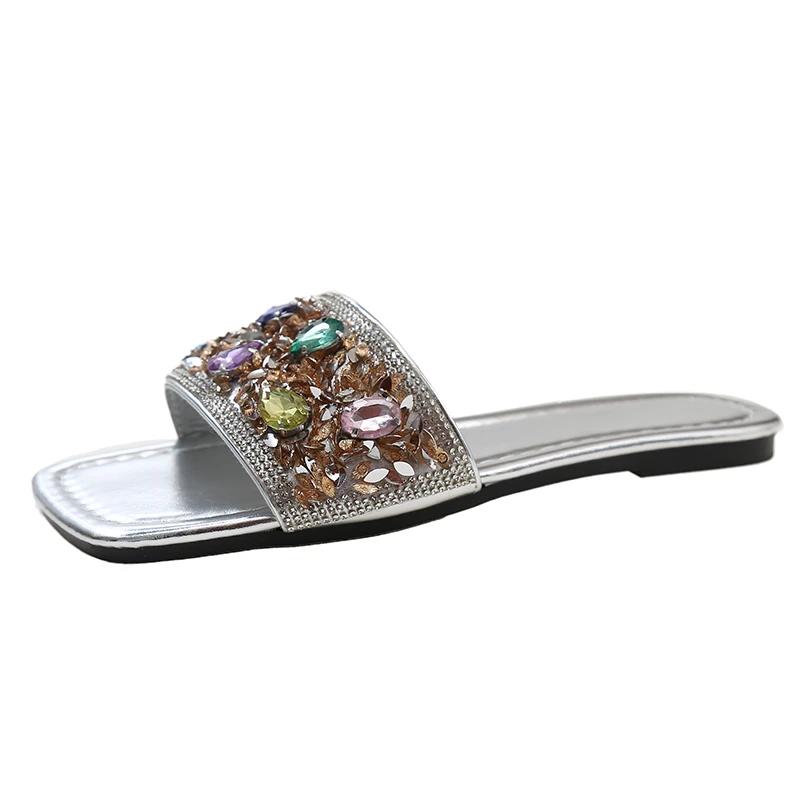 Ladies Shoes 2024 High Quality Plus Size Women's Slippers Fashion Crystal Daily Slippers Women Hot Sale Square Toe Flat Slippers