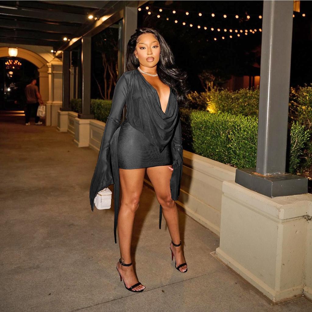 Новое женское сетчатое платье-трапеция с воротником-хомутом, открытой спиной и длинными рукавами, повседневное европейско-американское платье для вечеринки