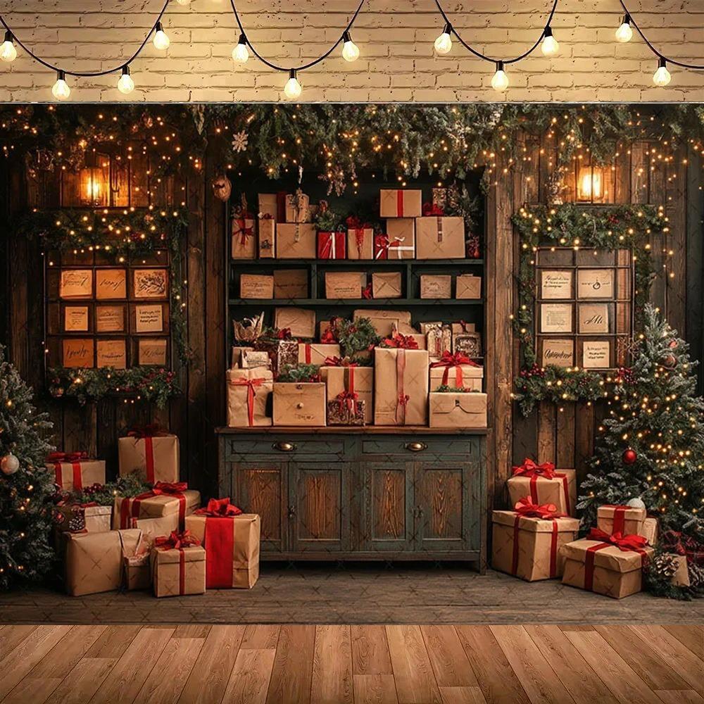Vintage Christmas Cabinet Photography Backdrop, Christmas Tree Children's Family Portrait Decoration Photography Backdrop Cloth