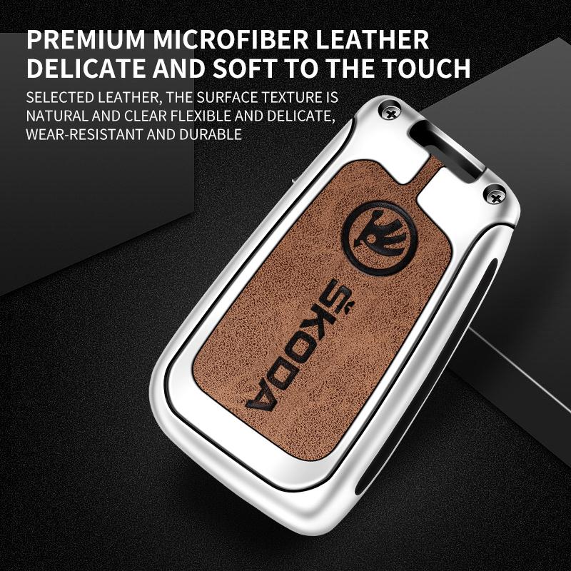 JKFB8 Zinc Alloy Leather Car Flip Remote Key Case Cover Holder Shell for Skoda Octavia Kodiaq Karoq Protector Car Keychain Accessories
