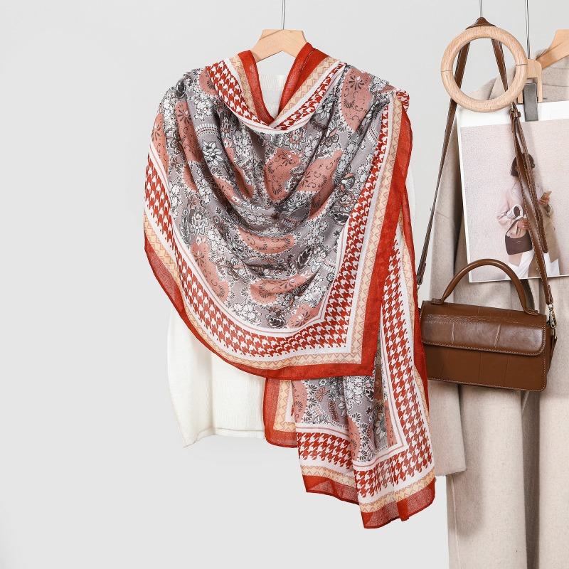 Women's Cotton and Linen Long Scarf Thin Shawl Spring and Autumn Versatile Print Large Size Scarf Beach Towel