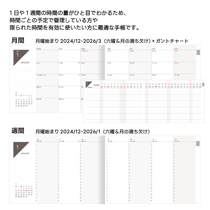TETEFU 2026 Складной планер, Начало с января, Месячный и недельный [Набор] [Бирюзовый] TETEFU Диаграмма Ганта, Вертикальный недельный, Ito Techo M-W-TQ