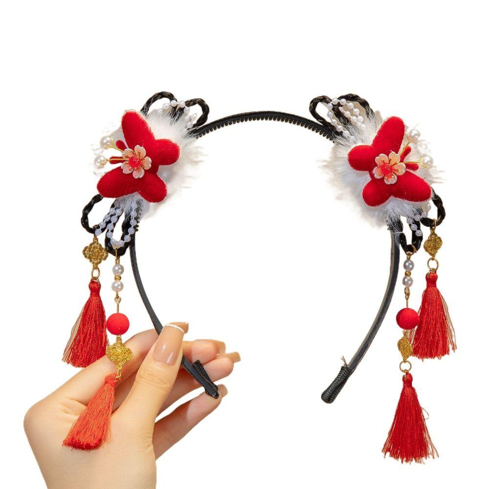 Красный парик ханьфу, повязка на голову с жемчугом, новогодний головной убор, традиционная повязка на голову с цветочной кисточкой для детей