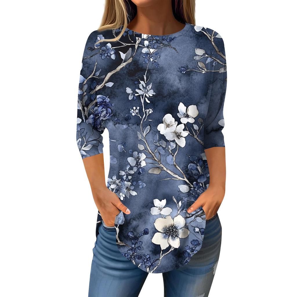 Рубашки с рукавом 3/4 для женщин, милые топы, футболки с рисунком, блузки, повседневные базовые топы больших размеров, пуловеры