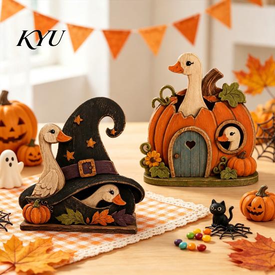 Wooden Pumpkin House Ornaments Pumpkin/Witch Hat Ornament, Cute Goose Figurine for Autumn Table Thanksgiving Centerpieces Decor, Retro Distressed