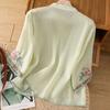 Chinese Style Embroidered Floral Top Frog Button Cotton Linen Shirt  Ladies/Girl