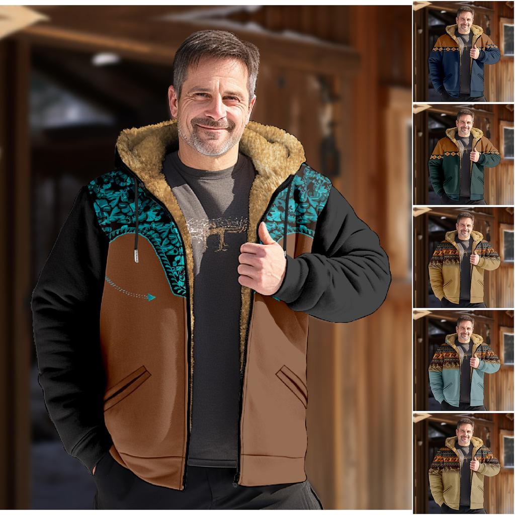 Men's Winter Print Jacket Men's Casual Trend Zipper Hooded Jacket