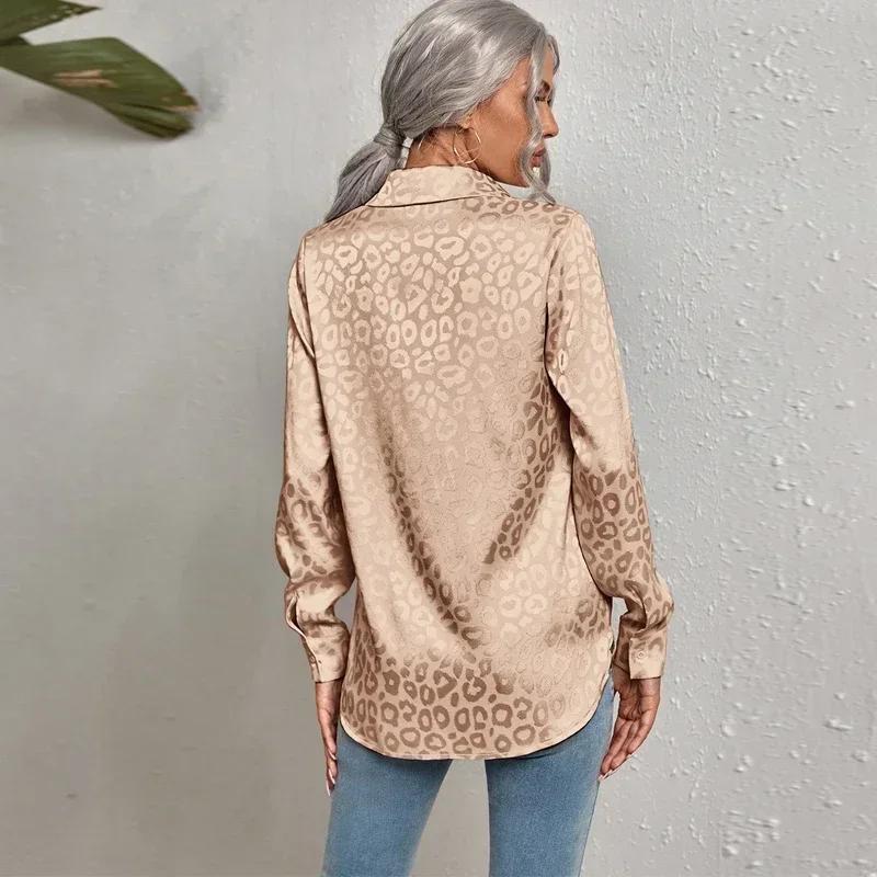 Women Leopard Print Luxury Blouse Spring Summer Long Sleeve Lapen Vintage Button Up Shirt Office Lady Satin Tunics Harajuku Top
