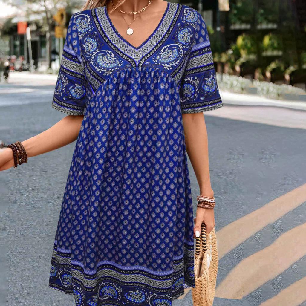 Весенние и летние женские модные повседневные платья с короткими рукавами и принтом в этническом стиле