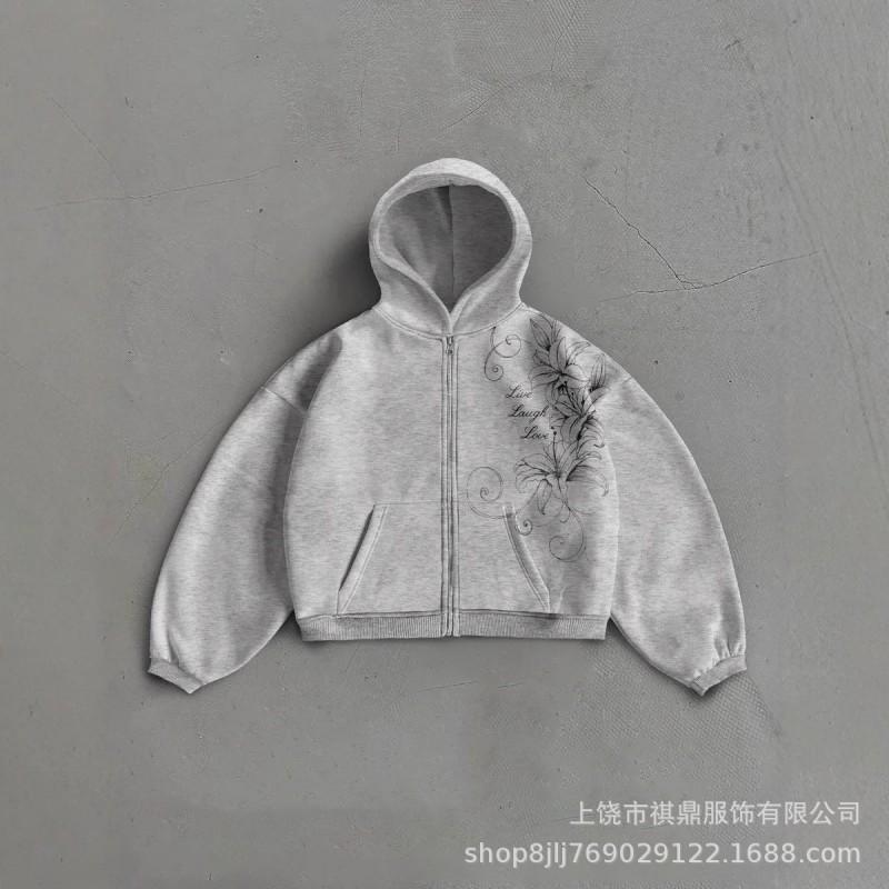2026 Fall Winter Hooded Zip Sweatshirt Printed Streetwear Loose Vintage Outerwear Women