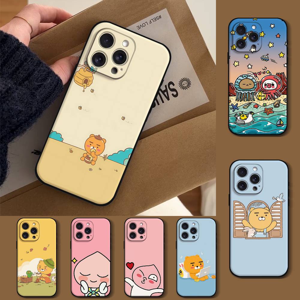 Мультяшный K-kakao Милые Друзья Чехол для Телефона Для IPhone 1716 15 14 13 Pro Max 11 12 Mini X Xs XR Черный Силиконовый Чехол