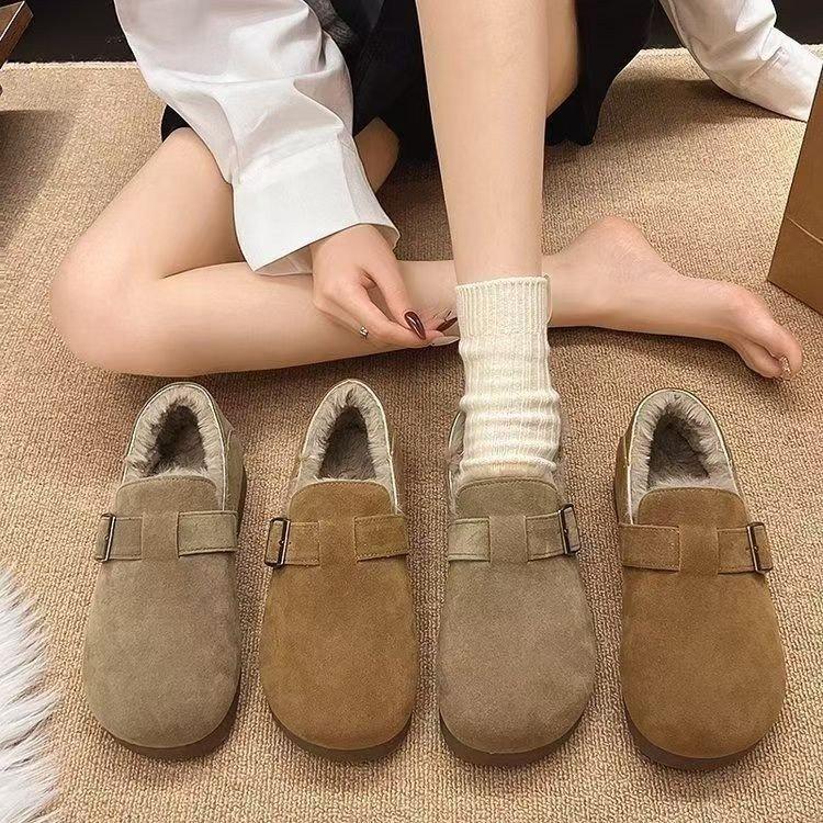 Ретро замшевые Birkenstocks на толстой подошве, зимние новые пушистые хлопковые ботинки, утепленные теплые снегоступы