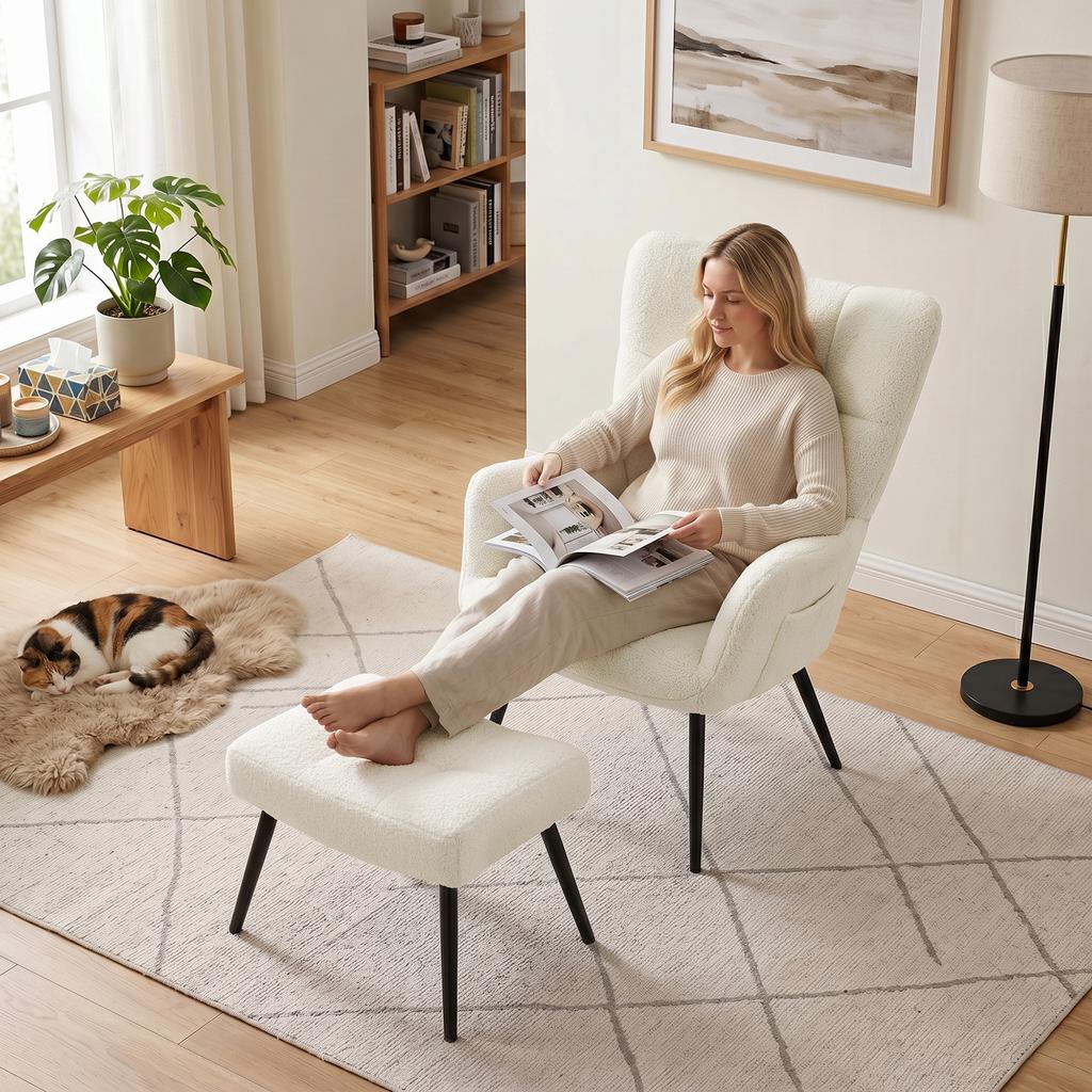 Lounge Chair With Footrest Teddy Plush Upholstered Accent Chair High Back Side Pockets Beige