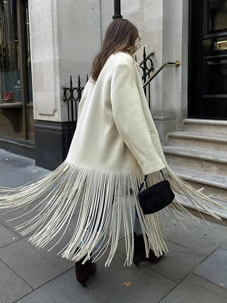 Шерстяное пальто с кисточками, женское, отложной воротник, длинный рукав, карман, женская осенняя куртка