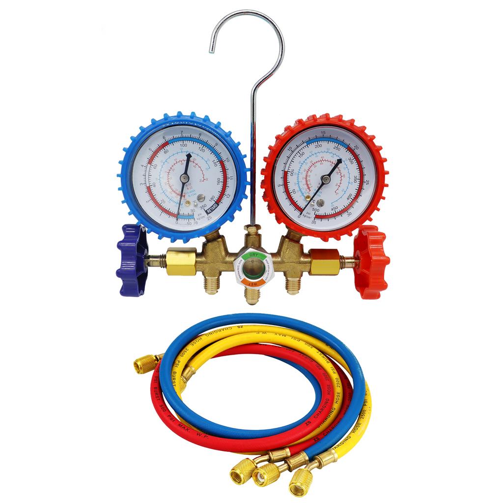 R134a Air Conditioning Pressure Gauge with Hose and Hook 3 Way AC Diagnostic Manifold Gauge Set Freon For R12 R22 R404A R134a