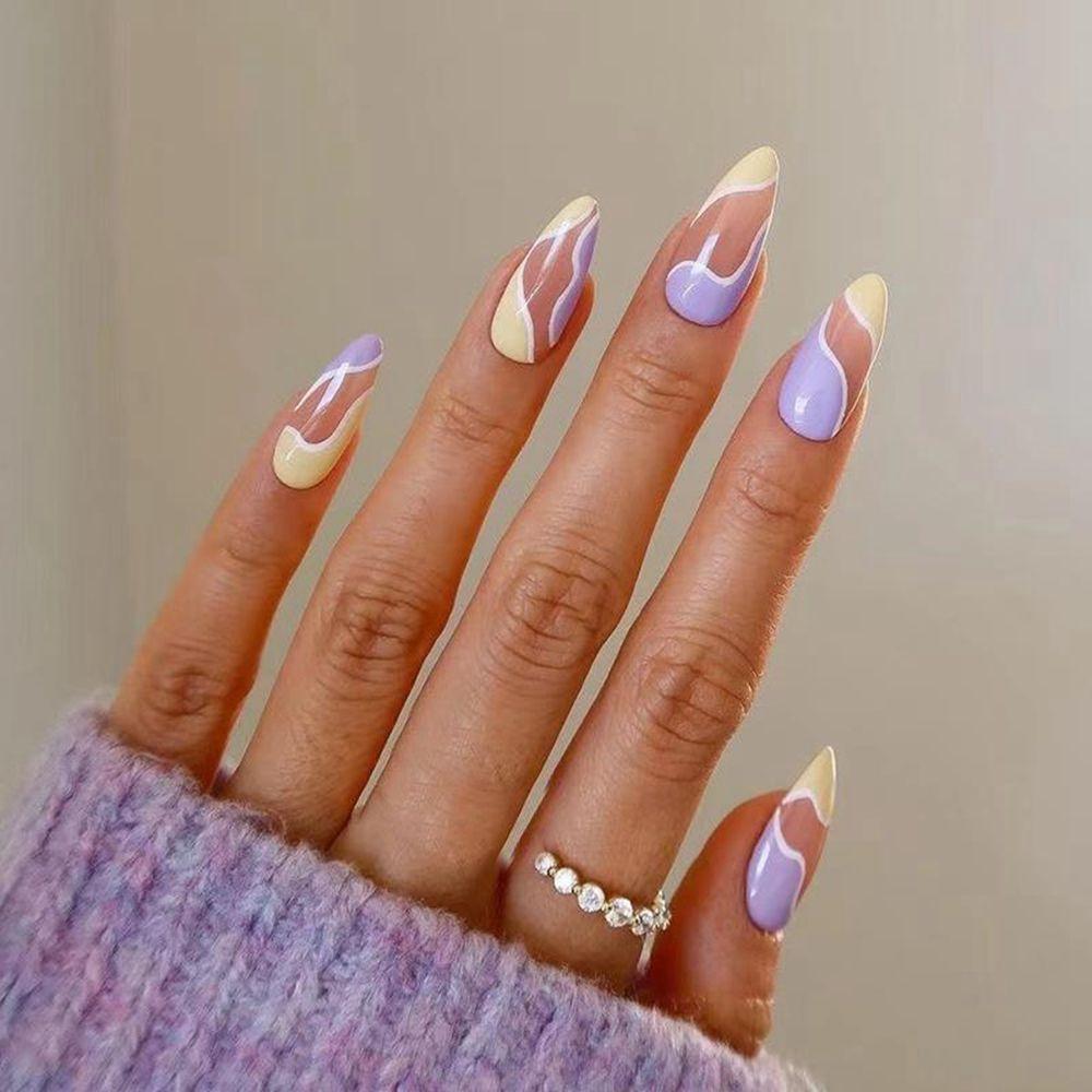 24pcs/Box Detachable Full Cover Artificial Fake Nails Almond False Nails Wearable Nail Tips