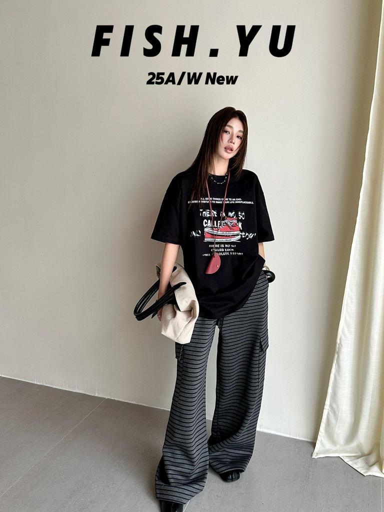 FISHYU Shisanhang Retro High-Top Canvas Shoes & Letter Print Short-Sleeve Women's T-Shirt (Early Autumn)