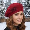 Solid Color Flower Wool Beret Rhinestone Beret Hat Elegant French Style Painter Cap  Autumn Winter