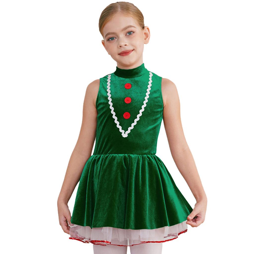 Girls Gingerbread Man Tutu Dress Christmas Costume Sleeveless Hollow Back Velvet Leotard