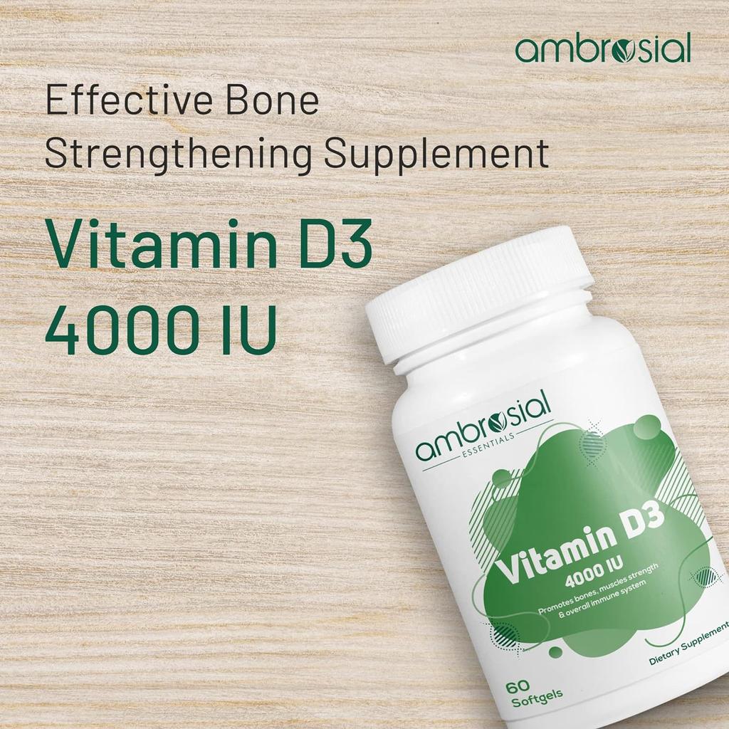 Витамин D3 Ambrosial 4000 МЕ (100 мкг) |Таблетки с витамином D для здоровья костей и зубов |Поддерживает иммунитет и мышечную функцию (Упаковка из 1-60 мягких капсул)