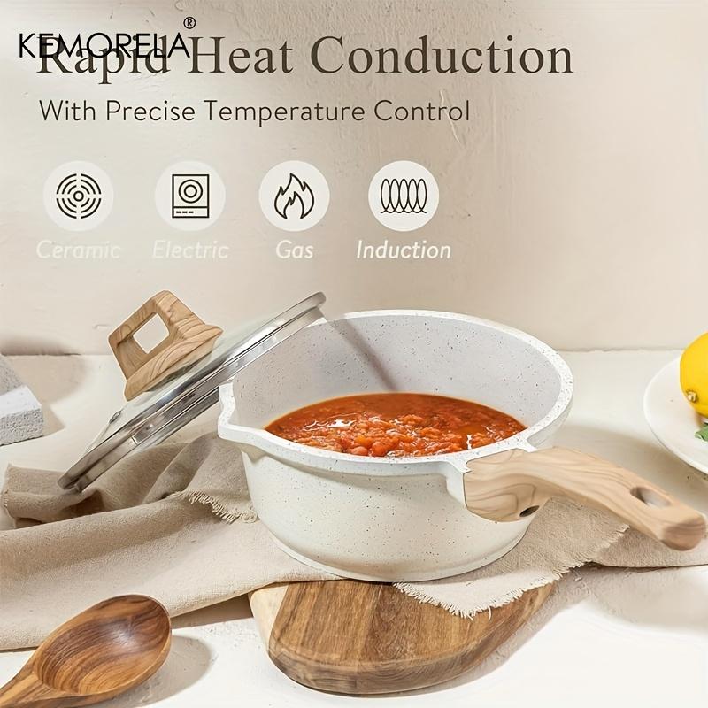 Набор из 1 кастрюли с антипригарным покрытием и крышкой - Подходит для индукционных плит, Носик для слива, Светло-бежевый с деревянными ручками, Идеально для приготовления на кухне