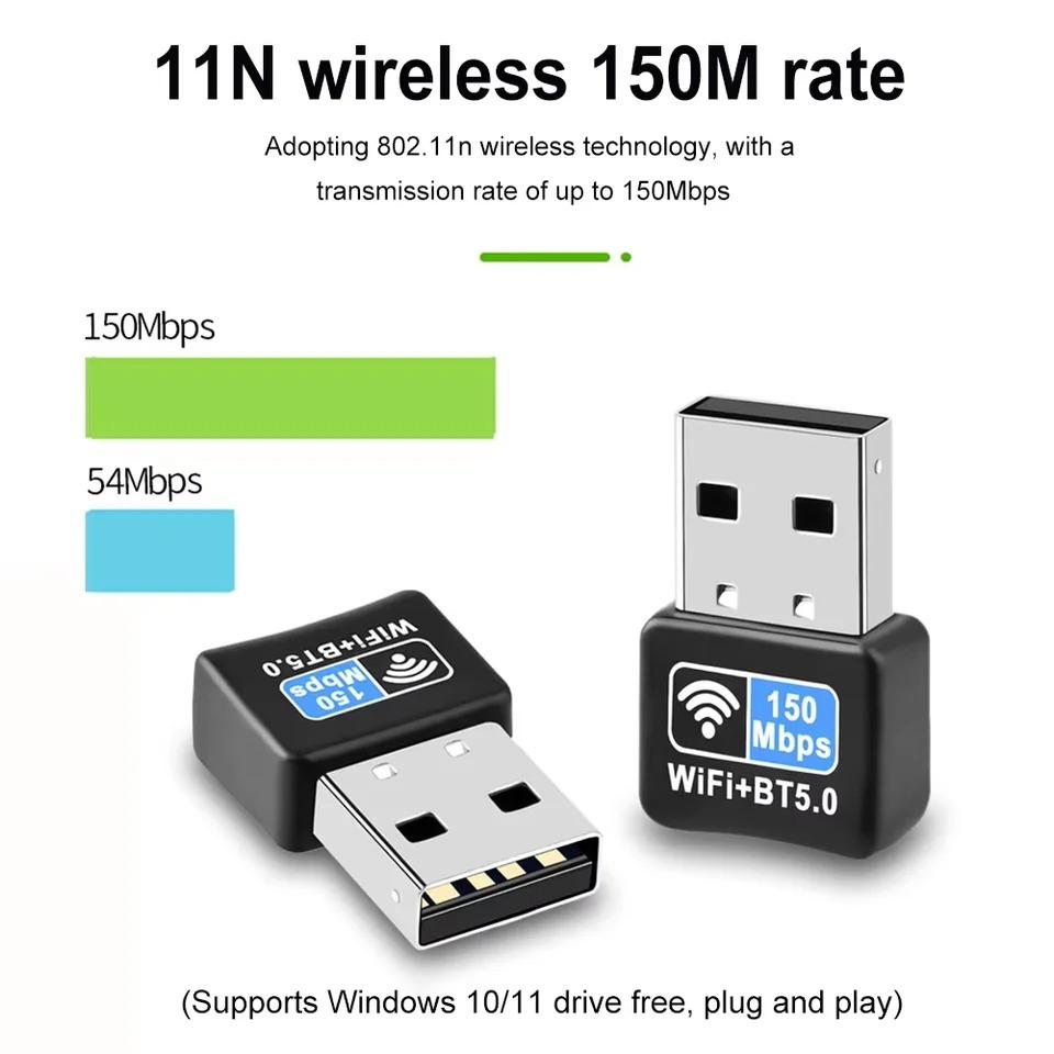 Mini USB WiFi Adapter 150m 2.4G Bluetooth 5.0 Portable Wireless Network Card Adapter For PC Laptop Windows 10/11 Driver Free