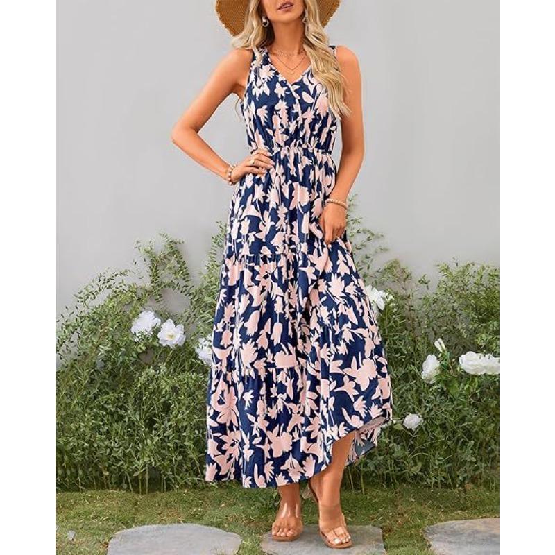Популярное женское повседневное платье без рукавов с V-образным вырезом и эластичной талией с принтом 2025 года