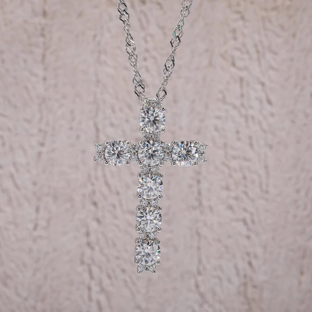 D Color 4MM 2.1 Carat Moissanite Diamond Cross Pendant Necklace 925 Sterling Silver 18K Gold Plated Jewelry