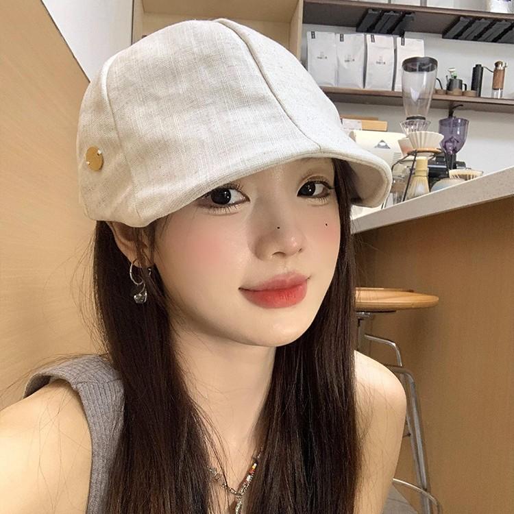 Linen forward hat women's big head circumference wide brim show face small newsboy hat retro literary style beret hat tide
